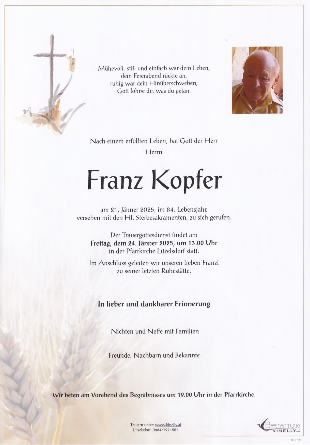 Franz Kopfer - Bestattung Kinelly