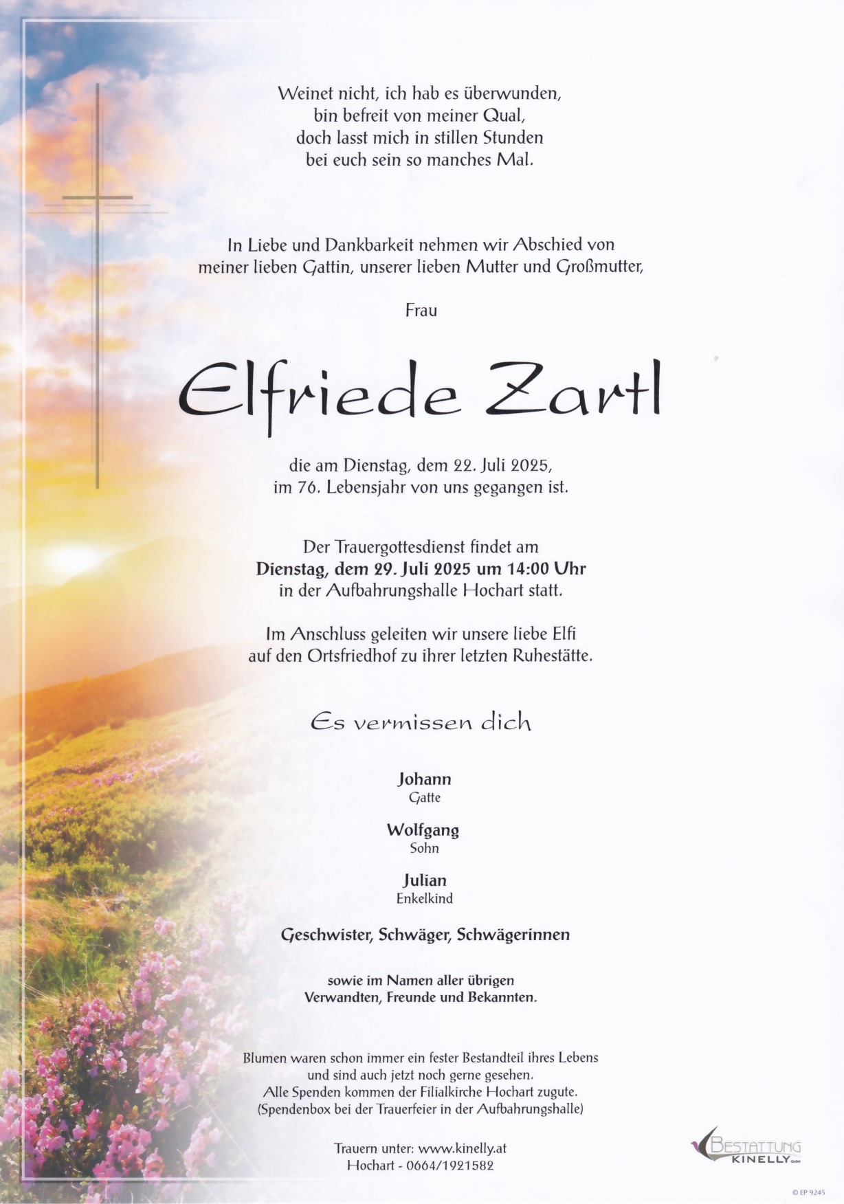Elfriede Zartl - Bestattung Kinelly