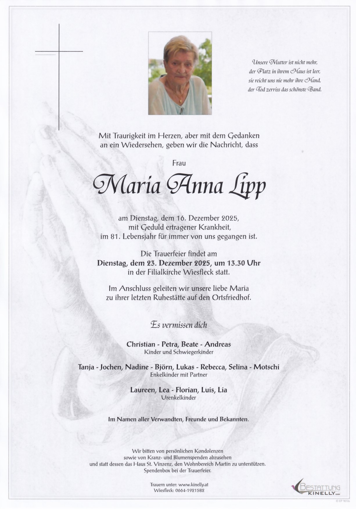 Maria Anna Lipp - Bestattung Kinelly