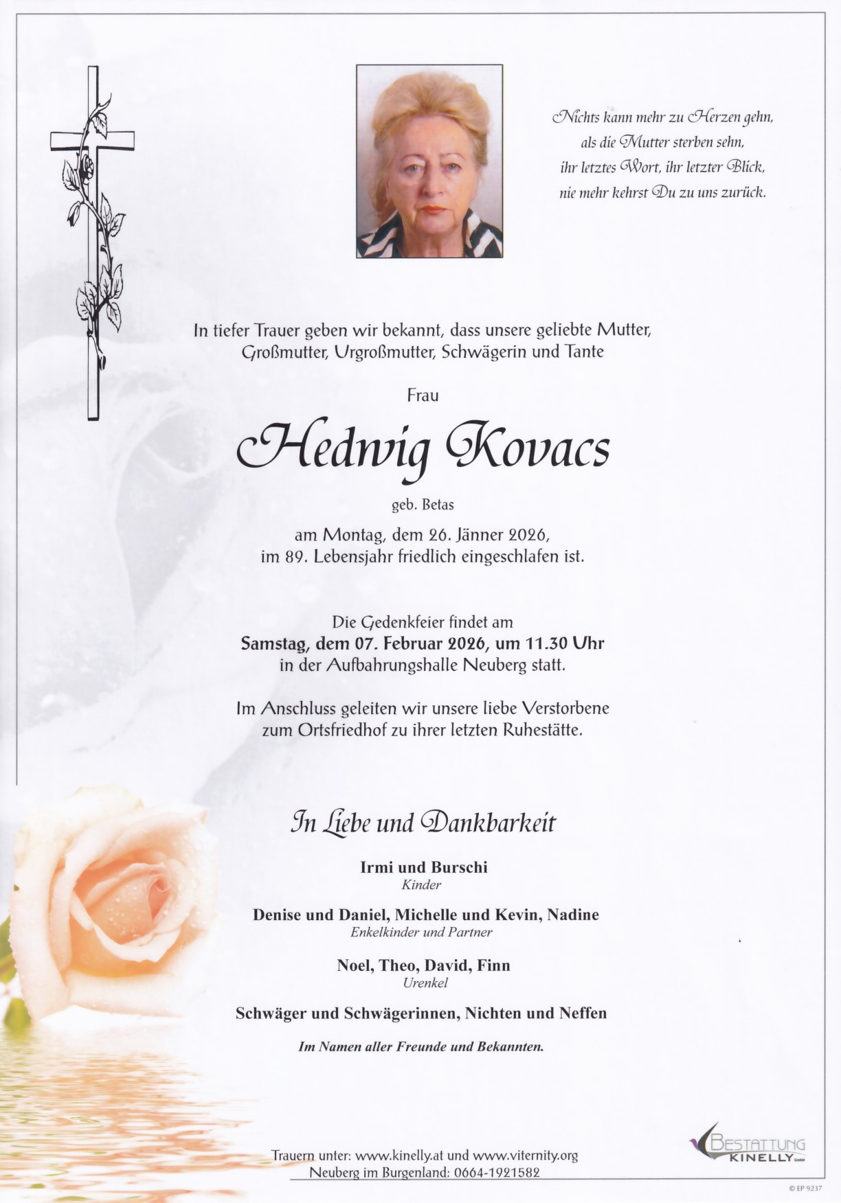 Hedwig Kovacs - Bestattung Kinelly